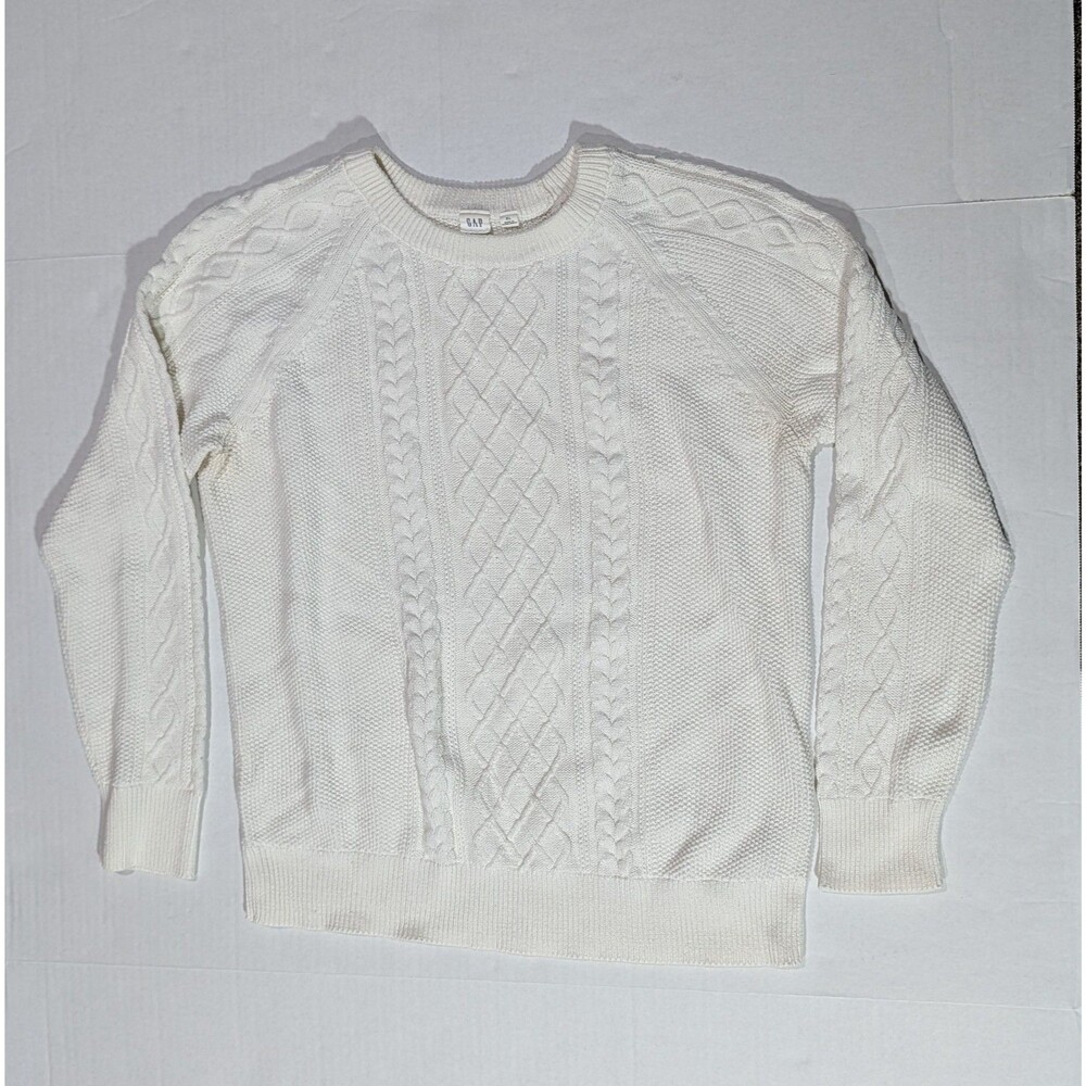 GAP Women's XL White Cable Knit Sweater Pullover Crew Neck Preppy Fisherman